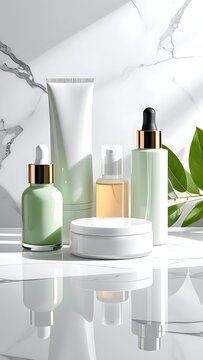 A collection of skincare products on a reflective surface