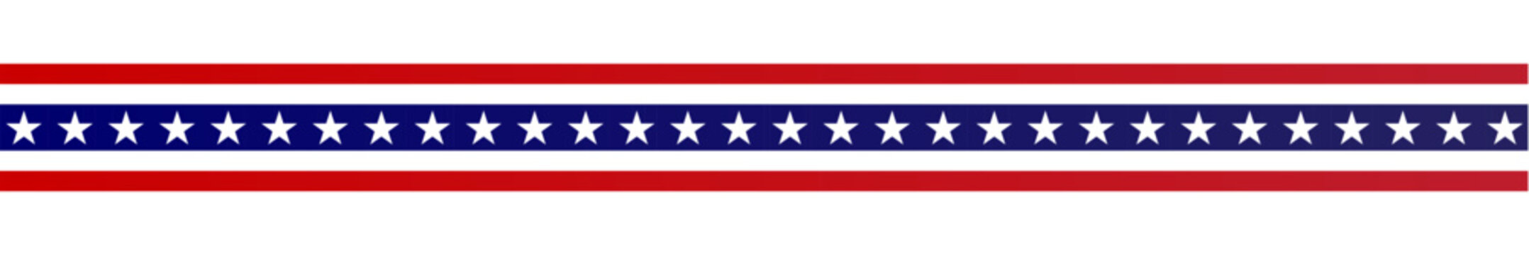 USA patriotic wide ribbon divider isolated on transparent background. Vector wide flat flag banner line template with american white stars, red stripes and empty copy space for 4th of July design.