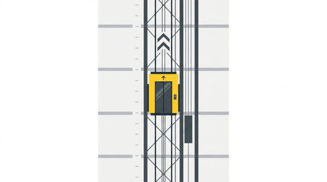 Minimalist illustration of an elevator moving up in a building shaft, flat style vector design.
