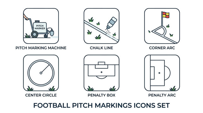 Colorful vector icons illustrating essential football pitch markings and field elements