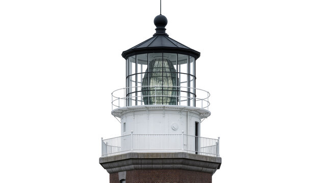 Brick lighthouse tower with glass lantern room and railings, isolated on transparent background