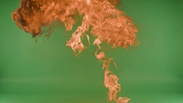 Large fireball explosion bursting and rising against a chroma key green screen background, cinematic special effects for video production and vfx compositing