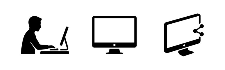 Fototapeta premium Computer and sharing icons set. Man working on PC and network concepts isolated on white background.