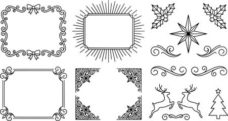 Set of christmas decorative elements, frames, borders, holly, star, reindeer and pine tree, hand drawn vector illustration © SampaRani