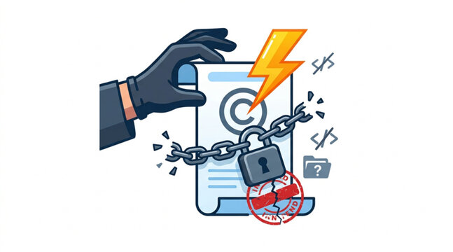 Vector illustration of copyright infringement concept with a hand stealing locked document, broken chain, lightning striking copyright symbol, and stamp.