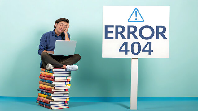 Man sitting on stack of books with laptop showing error 404