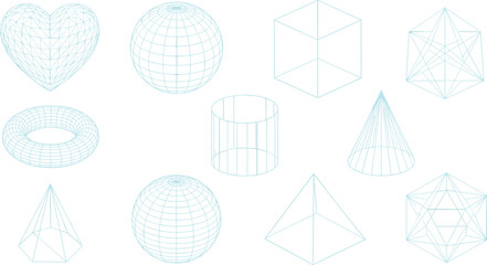 Wireframe Geometric Shapes Vector Collection Featuring 3D Heart, Sphere, Cube, Cone, Pyramid and Abstract Polygon Mesh Objects © MdKhayrul