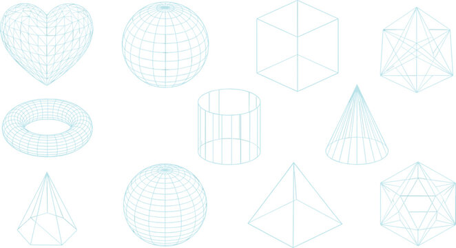 Wireframe Geometric Shapes Vector Collection Featuring 3D Heart, Sphere, Cube, Cone, Pyramid and Abstract Polygon Mesh Objects
