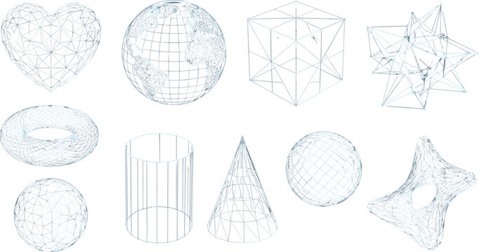 Wireframe Geometric Shapes Vector Collection Featuring 3D Heart, Globe, Cube, Cone, Cylinder and Abstract Low Poly Mesh Objects