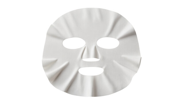 White fabric facial sheet mask with eye and mouth cutouts, isolated on transparent background