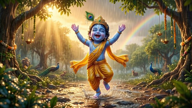 Baby Krishna Rain Dance &ndash; Monsoon Divine Joy
