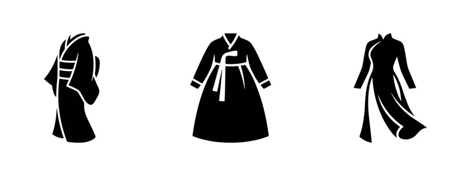 Traditional Asian Clothing Icons Set: Kimono, Hanbok, and Chinese Dress Silhouettes