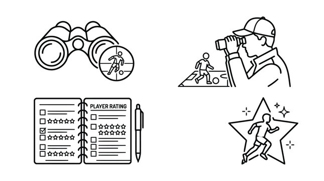 Scouting and player evaluation icons set featuring binoculars and performance rating cards