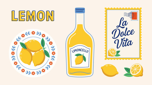 Illustrated Lemon Limoncello Bottle with Decorative Elements