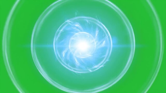 Blue energy vortex swirling and disappearing on green screen background, sci-fi portal and magic spell effect for chroma key compositing and cinematic video production