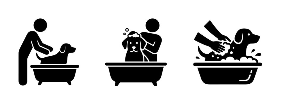 Dog Bathing and Grooming Icons Set. Pet Care Vector Illustration. Washing a Dog in a Tub Pictograms.