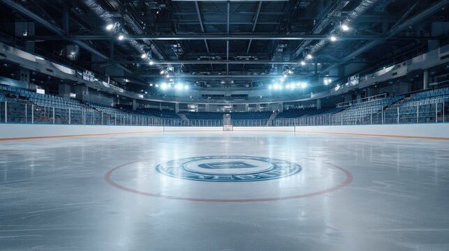 Empty curling rink with central target circles