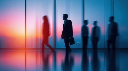 Fototapeta premium Silhouettes of business people walking past large windows at sunset with colorful sky