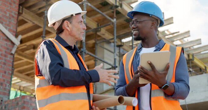 Construction, men and site inspection with tablet for building update, info request or progress. Blueprint, architect and foreman on tech outdoor for renovation feedback, code compliance or teamwork