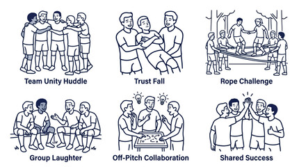 Fototapeta premium Set of six football team building and collaboration activity icons in linear sketch style