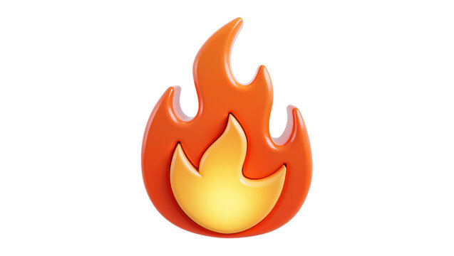 Stylized 3D fire icon with orange flames and yellow core, isolated on transparent background