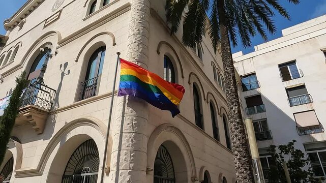 Badalona, Spain- June 24, 2026: Pride flag on building facade