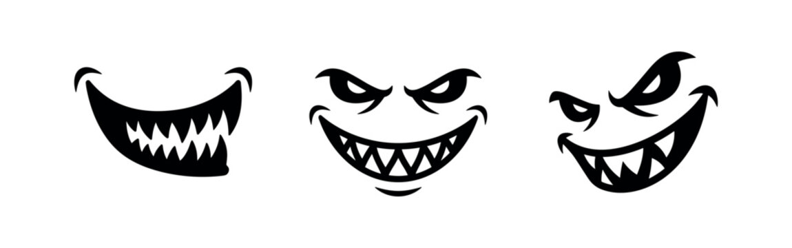 Spooky monster smile icon set, scary sharp teeth Halloween expression.