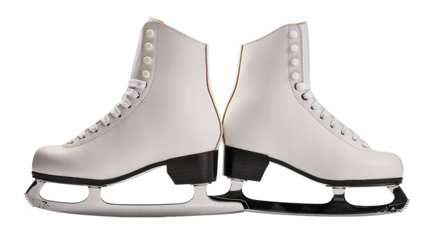 Pair of white figure skates with black heels, isolated on transparent background