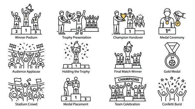 Team celebration and trophy presentation icons for final match victory and stadium crowd cheering