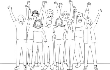 Obraz premium Group of young people with arms raised in line drawing style for youth day celebration.