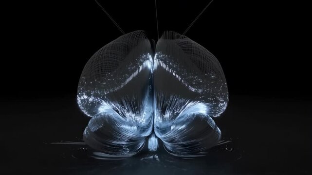 Glossy filament dome folding into luminous lobes under cool top-left light pull