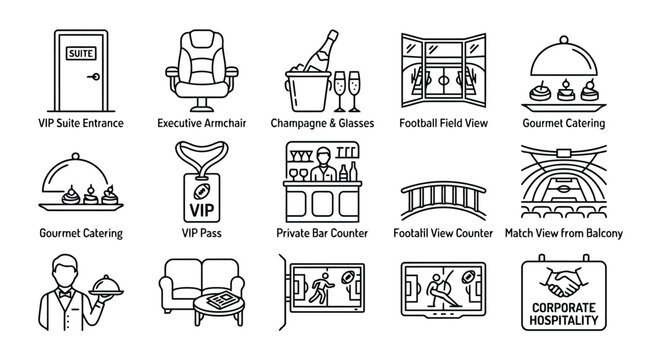 Corporate hospitality VIP suite icons set for luxury football stadium match day viewing experience