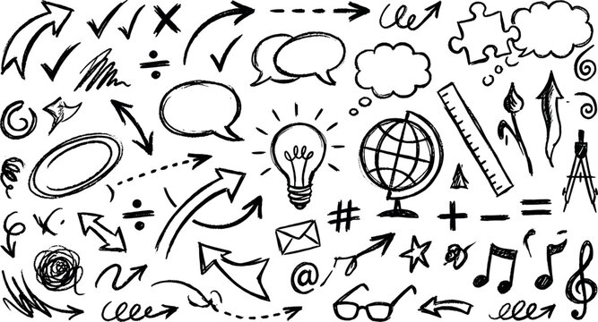 Hand drawn doodle elements set sketchy arrows, speech bubbles, lightbulb, and symbols isolated on white background