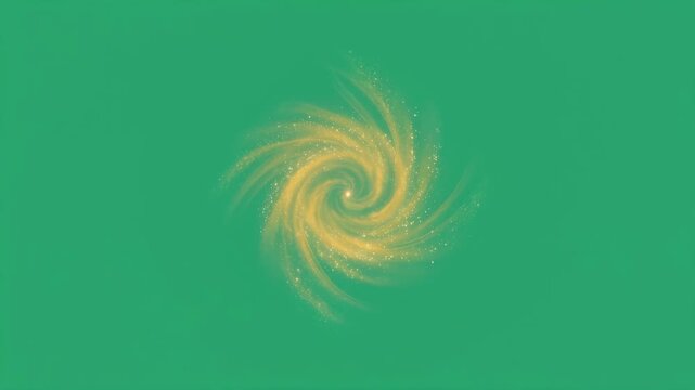 Golden glowing spiral swirling on a green background, sparkling dust and light particles for motion graphics and creative video transitions or cosmic overlays