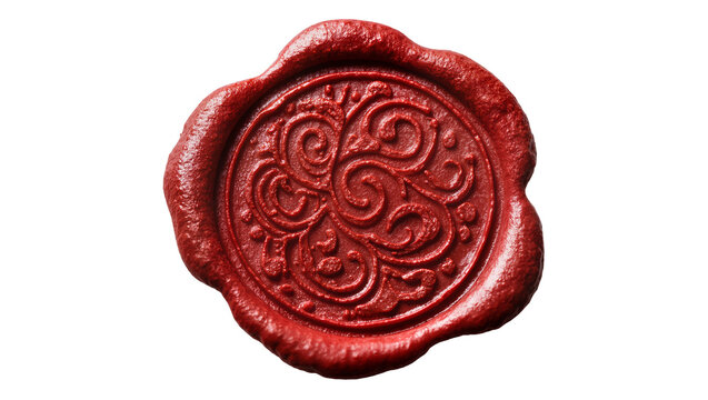 Ornate red wax seal with swirling filigree pattern, isolated on transparent background