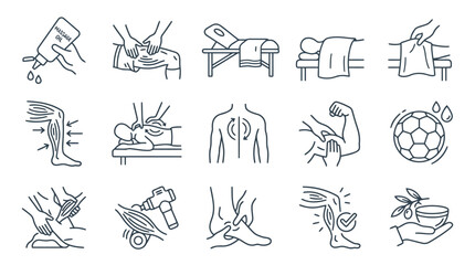 Fototapeta premium Sports physiotherapy and massage therapy treatment icons for soccer injury rehabilitation