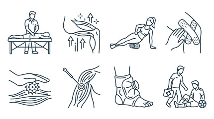 Obraz premium Medical and sports physical therapy rehabilitation outline icons for injury recovery and treatment