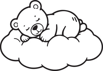 A cute cartoon bear cub is peacefully sleeping on a fluffy cloud, illustrated in a simple black and white outline style, perfect for children's themes and designs. © DesignINKZ