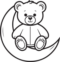 A charming teddy bear sits atop a crescent moon, depicted in a simple black and white illustration, evoking a sense of childhood wonder and peaceful slumber. © DesignINKZ