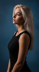 Fototapeta premium Profile of a woman with blonde hair and green eyes, wearing a black dress. Symbolizes elegance and sophistication, suitable for fashion or beauty concepts.