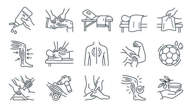 Sports physiotherapy and massage therapy treatment icons for soccer injury rehabilitation