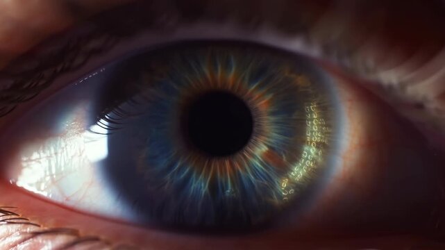 Extreme macro eye close-up with pupil, iris fibers, corneal highlights, glossy skin
