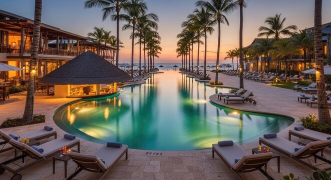 Luxurious resort swimming pool and swim up bar illuminated during tropical twilight