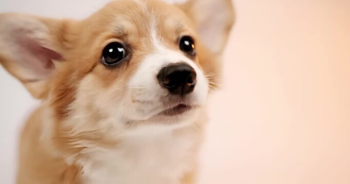 Close-up portrait of cute corgi puppy looking up, adorable pet concept on soft background

