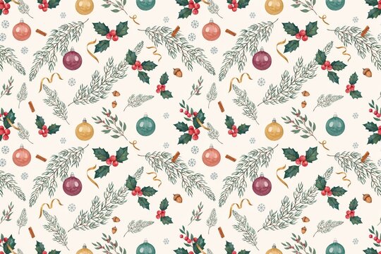 Christmas seamless pattern with watercolor pine branches, holly berries, red and gold baubles, cinnamon sticks, and snowflakes on cream