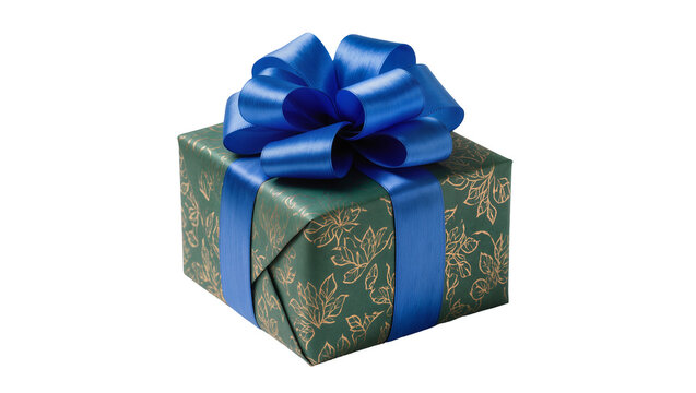 Green patterned gift box with blue ribbon and bow, isolated on transparent background