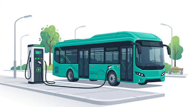 Modern vector illustration of a teal (greenish blue) electric bus (e-bus) connected and charging at a public EV charging station
