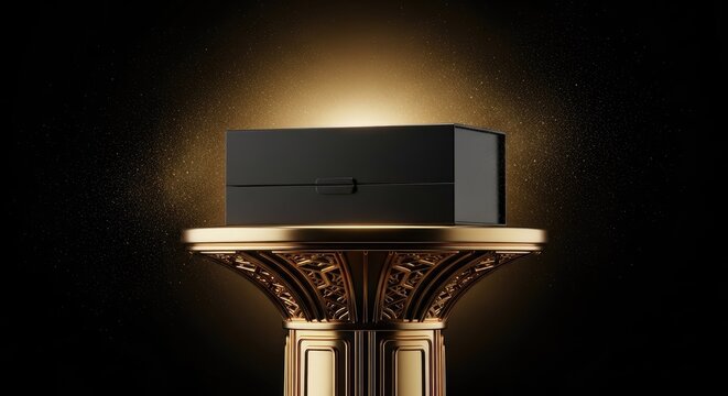 Luxurious black presentation container rests upon an ornate golden pedestal under bright spotlight illumination