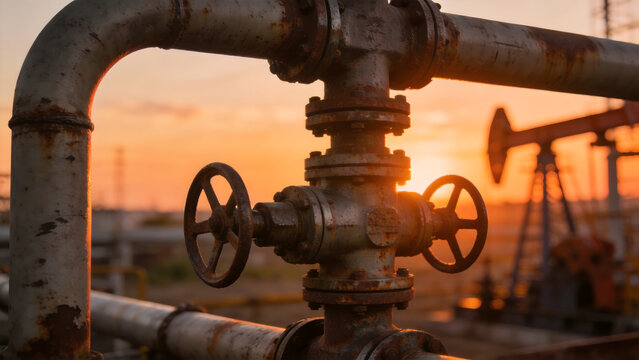 Weathered steel wellhead valve assembly at sunset.