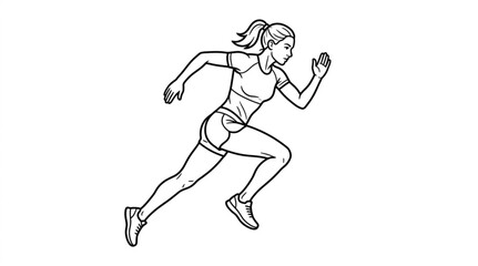 Fototapeta premium Black and white vector illustration of a fit woman running or sprinting. Minimalist line art of a female athlete in sportswear exercising, isolated on a white background. Great for fitness themes.